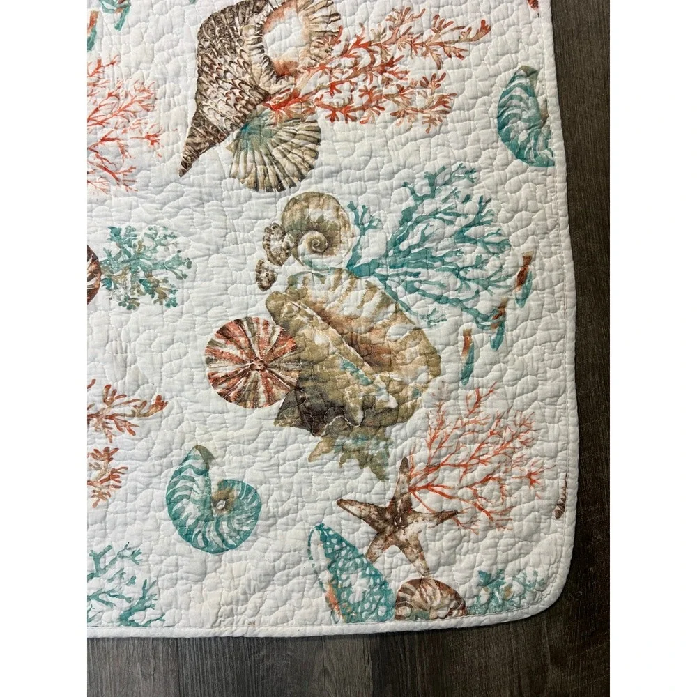Nicole Miller Quilt Set King Coastal Seashell Coral Starfish White Teal Orange